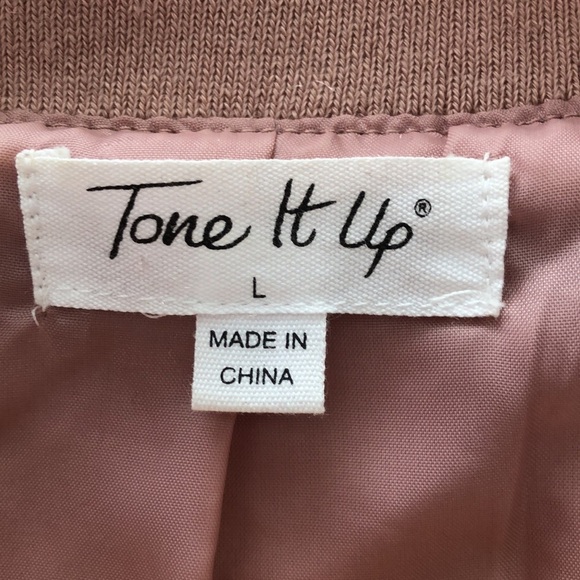 Tone It Up Pink Satin Bomber Jacket. Front Zip. Mob Wife. Palm trees. LARGE - Picture 7 of 16